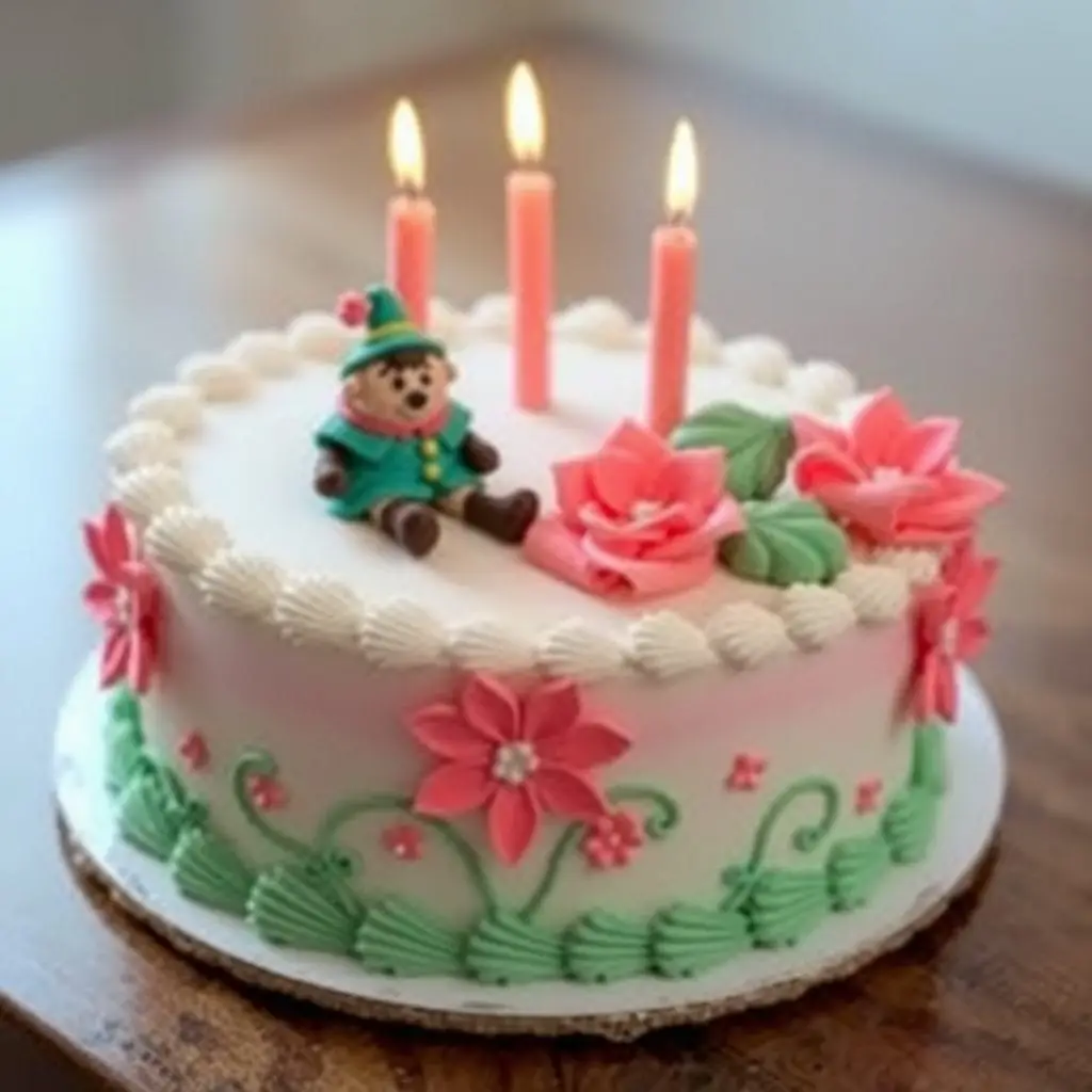 En rund tårta från tårtdekoration.se, toppad med blommor i rosa och grön glasyr, tre tända ljus och en liten pojkfigur, placerad på en träyta.