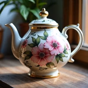 Tekanna.se tekanna i vitt porslin, prydd med rosa blommor och gröna blad, vilar på en träyta vid ett fönster, inramad av mjukt upplysta krukväxter i bakgrunden.