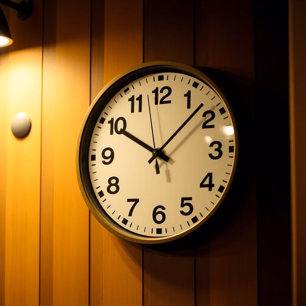 Ett väggklocka.se och vaggklocka.se runt väggur med svarta siffror och visare visar 10:00:05, monterat på en trävägg och varmt upplyst från vänster.